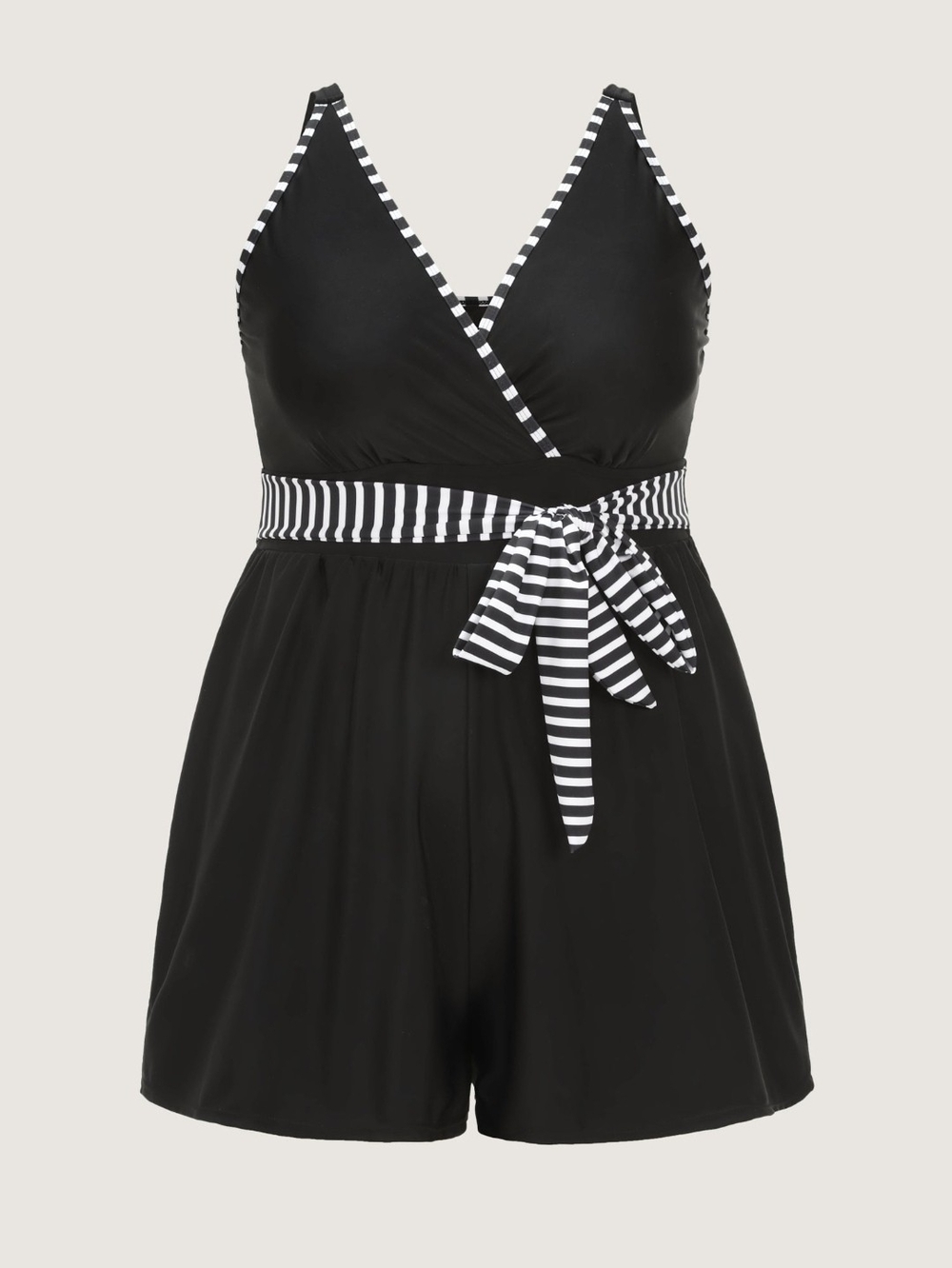 Womans Black Romper Swimsuit with Black & White Stripe Trim